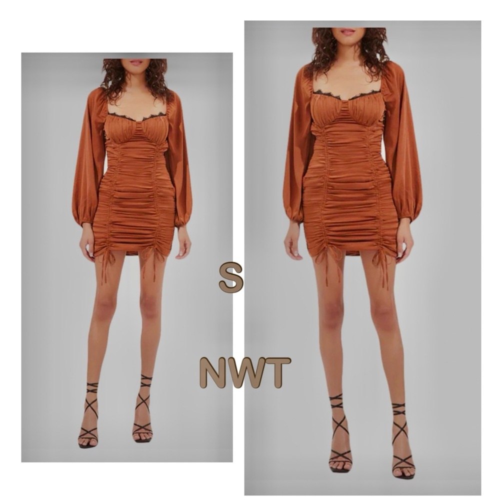NWT ASTR scrunch bronze dress low cut bodycon mini balloon long sleeve new tag S